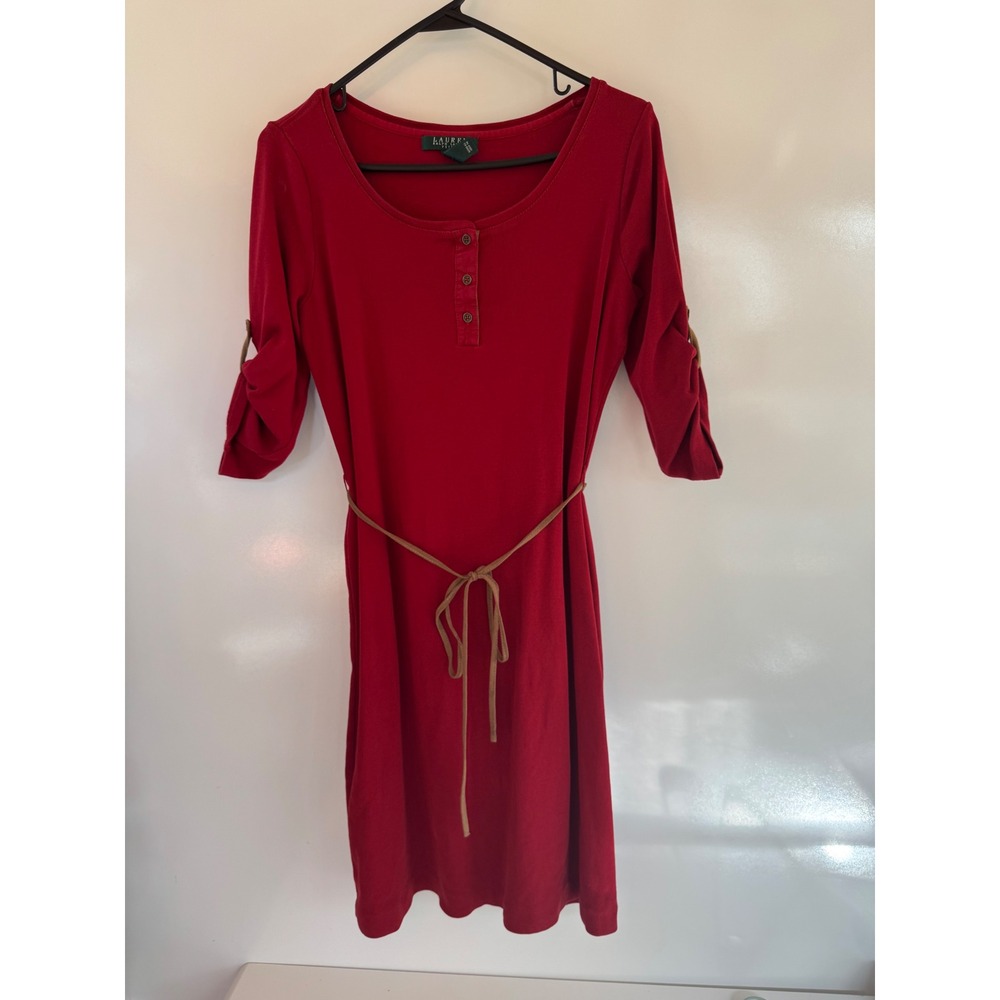 Lauren Ralph Lauren Petite Red Cotton Henley Roll Tab Sleeve Belted Dress PL